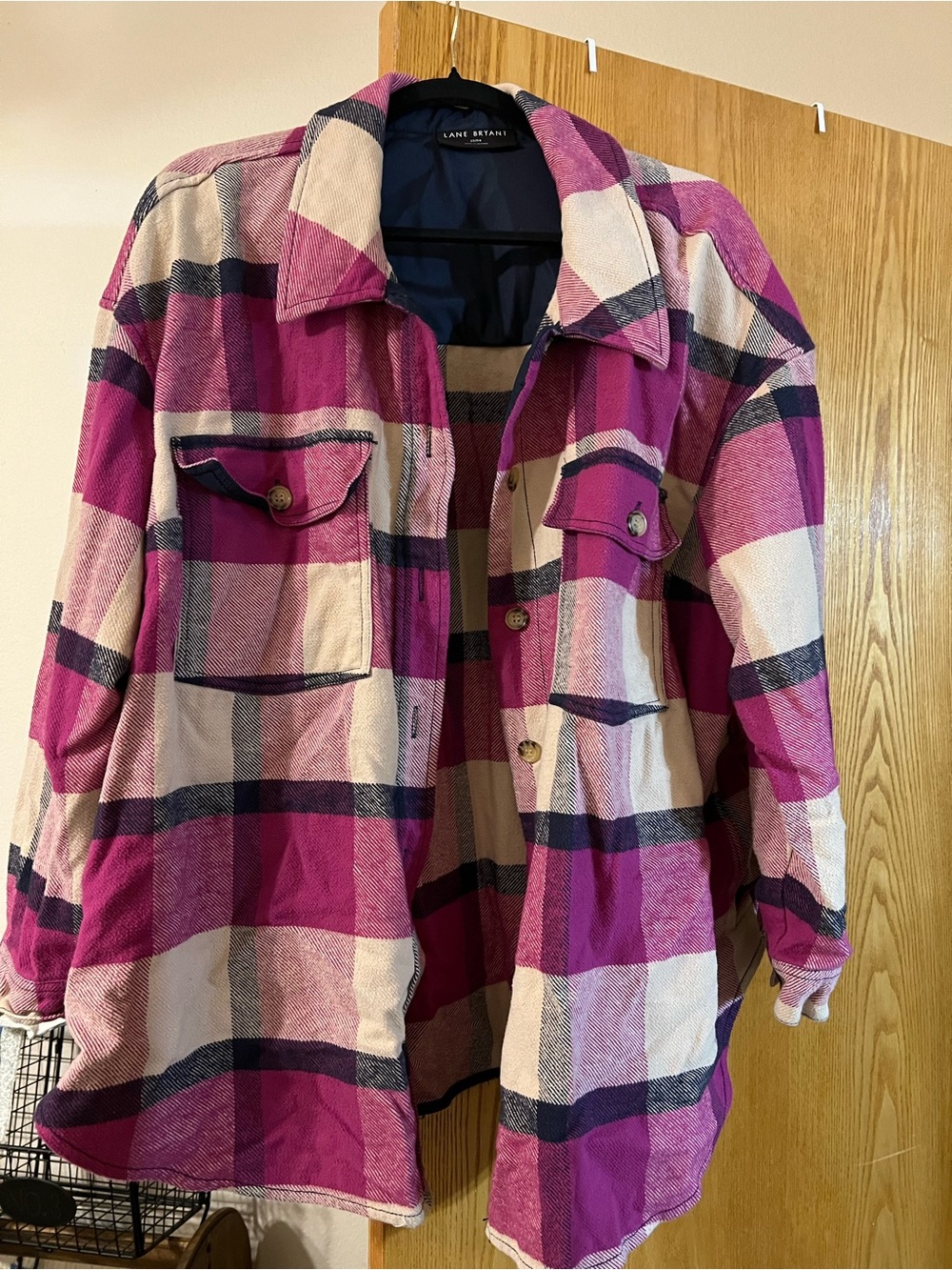 Lane Bryant Magenta and Cream Plaid Teddy Shacket